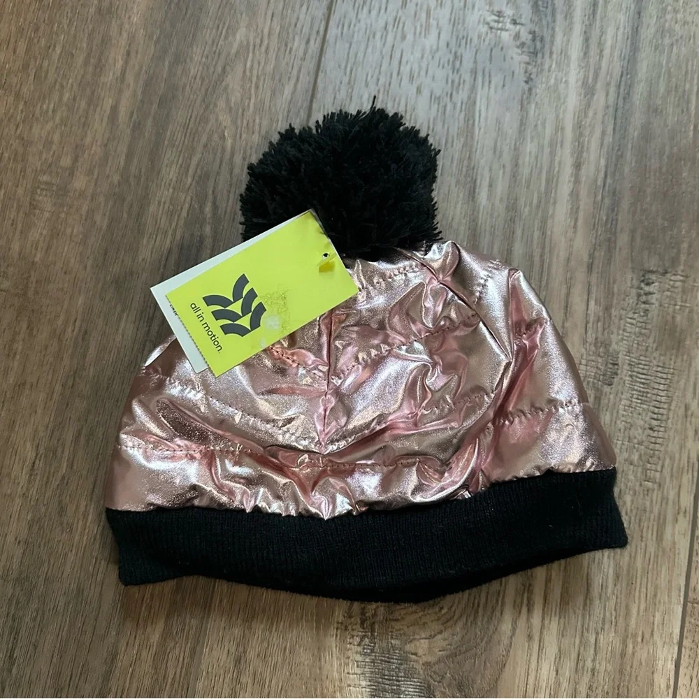 NEW! All in Motion Girl’s Pink and Black Pom-Pom Beanie, Metallic, Girlie, OSFM
